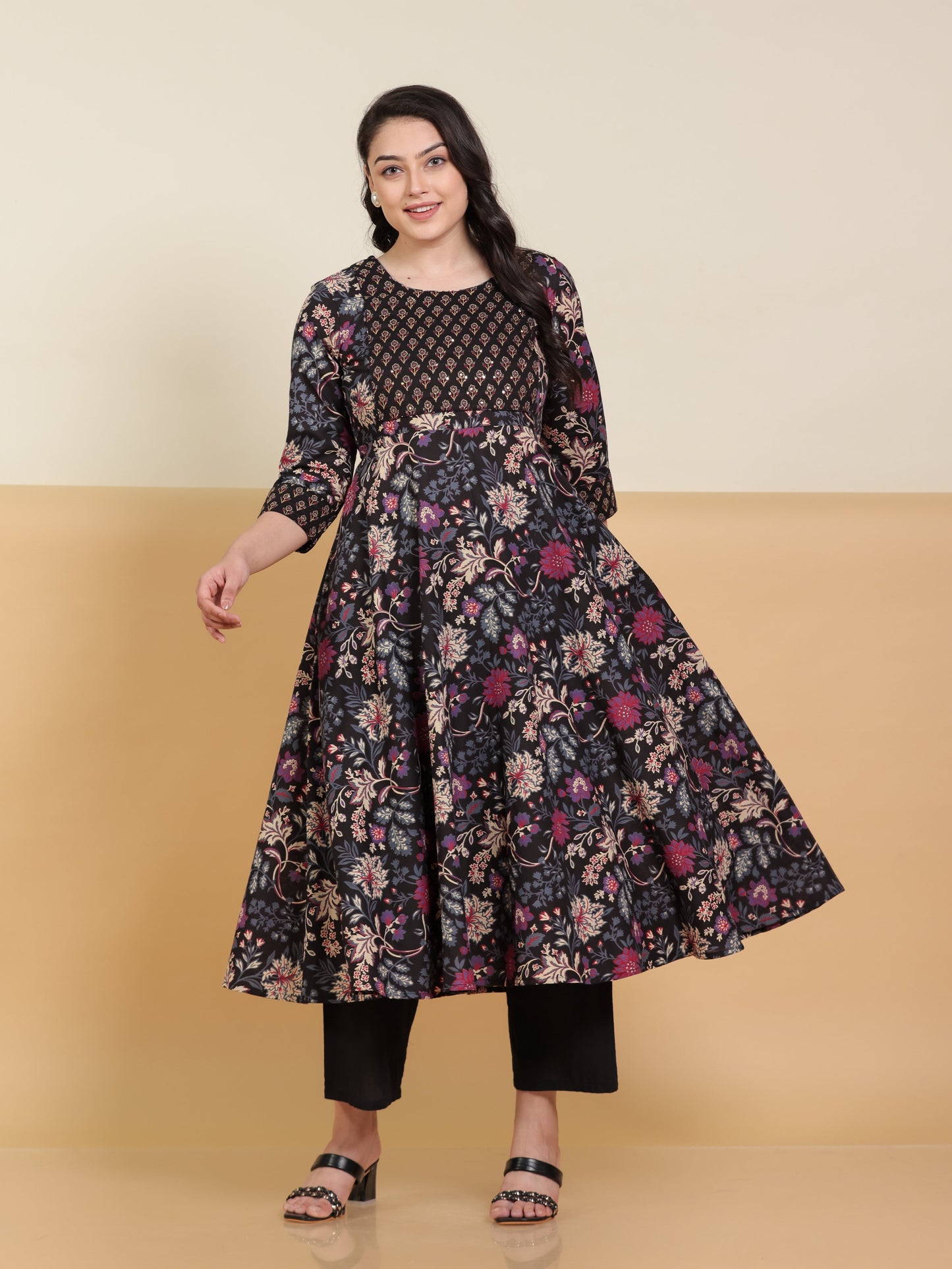 Embroidered Soft Cotton Floral Anarkali Purple Kurta