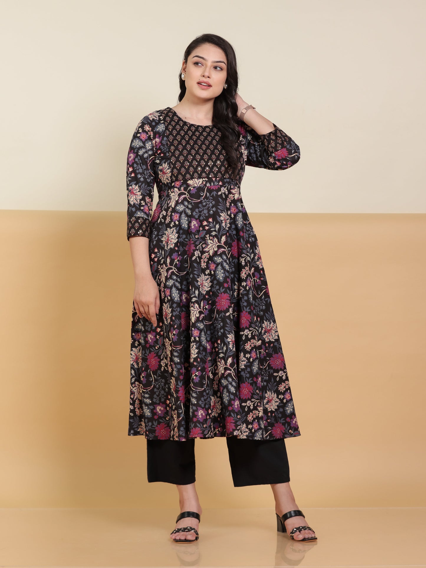Embroidered Soft Cotton Floral Anarkali Purple Kurta