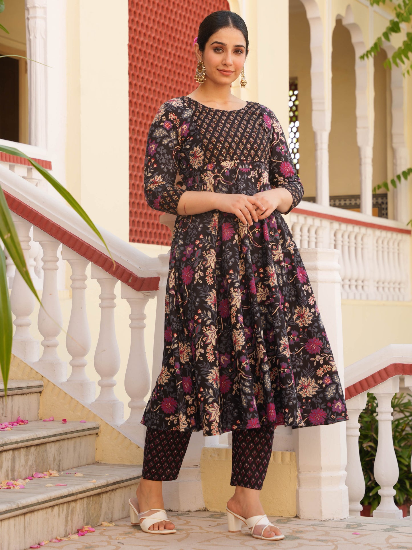 Embroidered Soft Cotton Floral Anarkali Purple Kurta