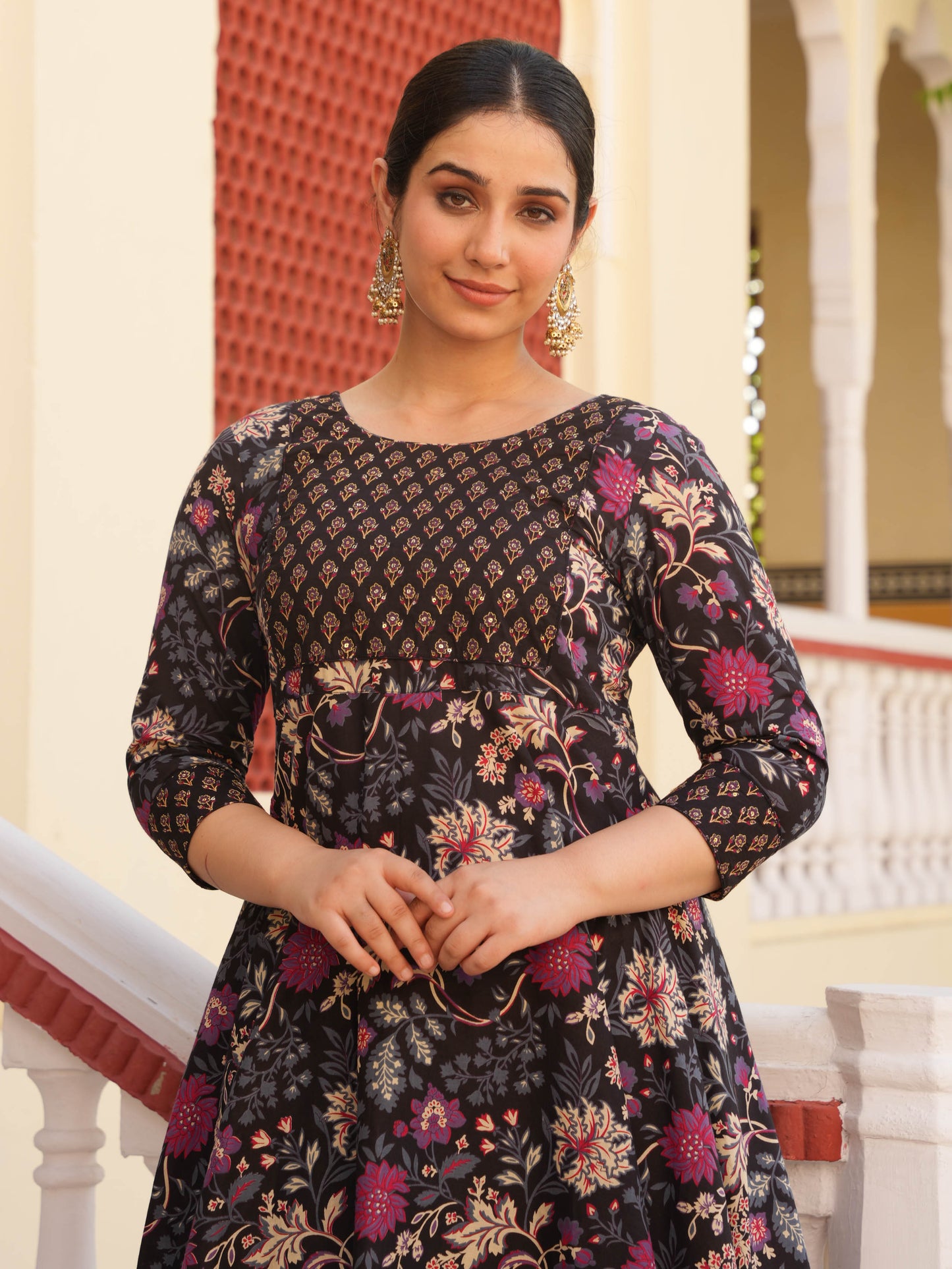 Embroidered Soft Cotton Floral Anarkali Purple Kurta
