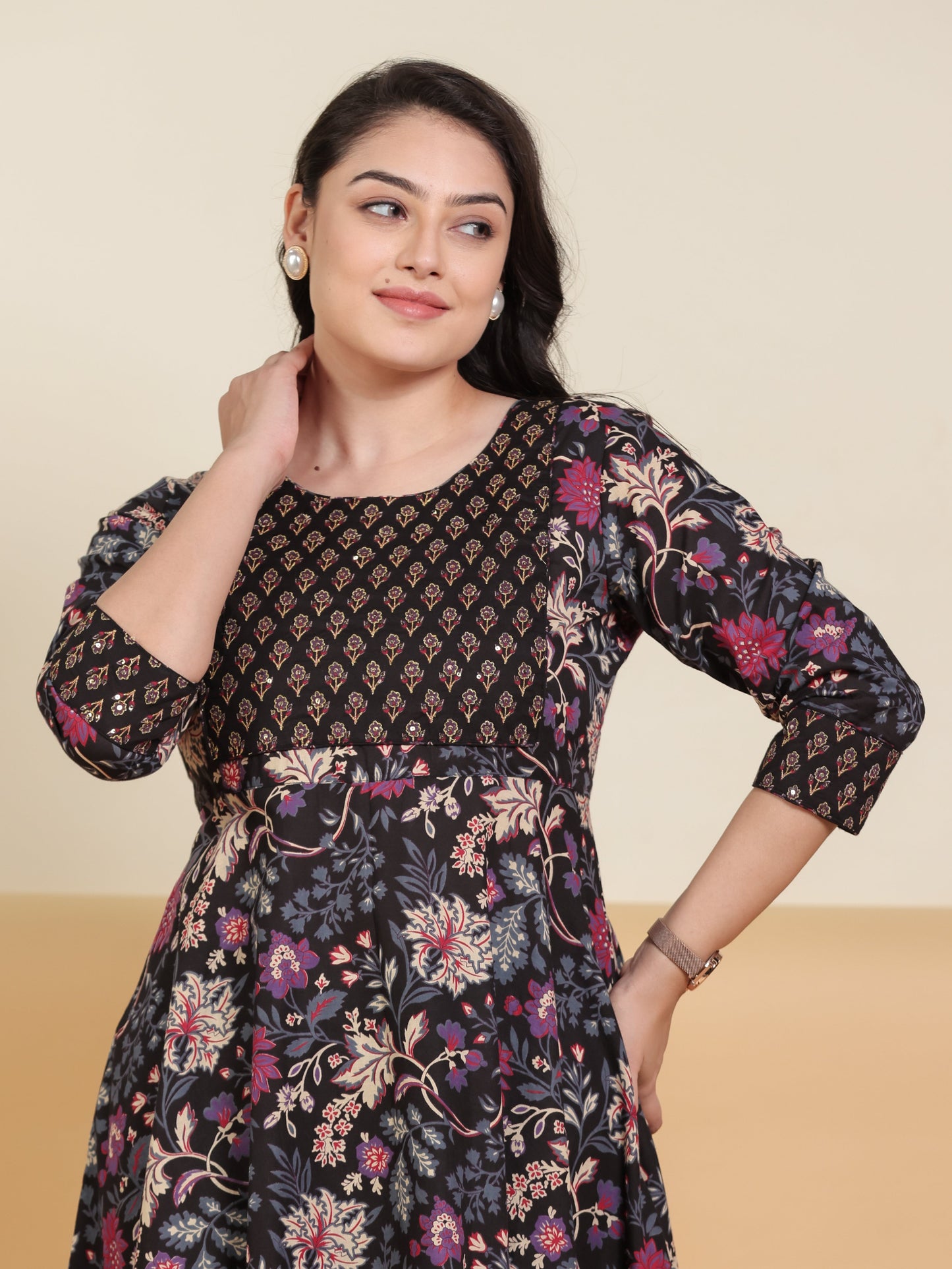 Embroidered Soft Cotton Floral Anarkali Purple Kurta