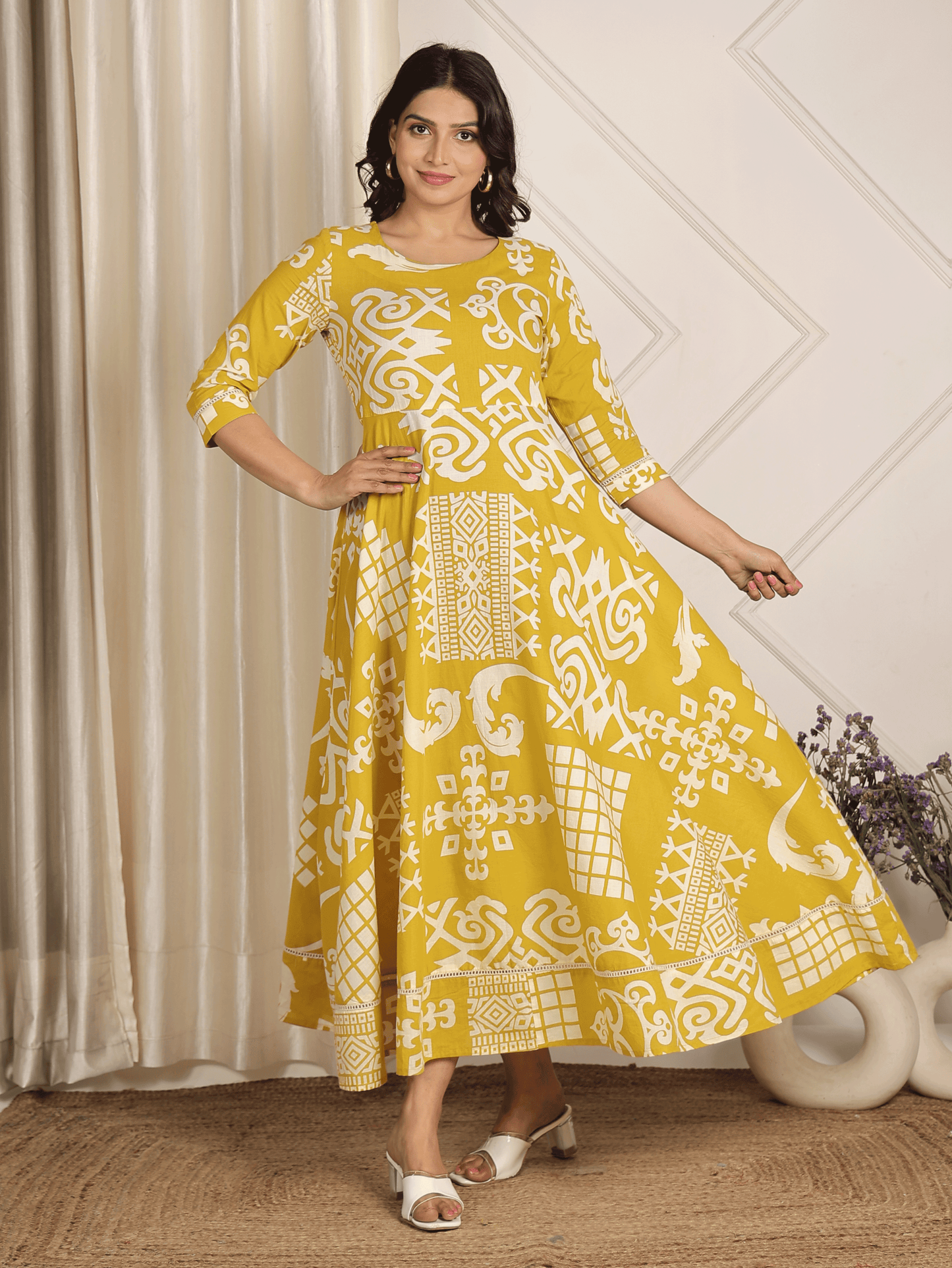 Soft Cotton Geometric Anarkali Yellow Dress