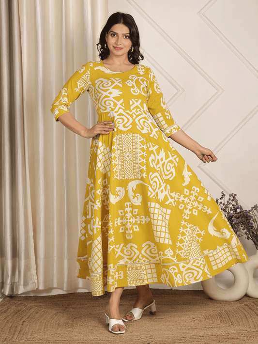 Soft Cotton Geometric Anarkali Yellow Dress