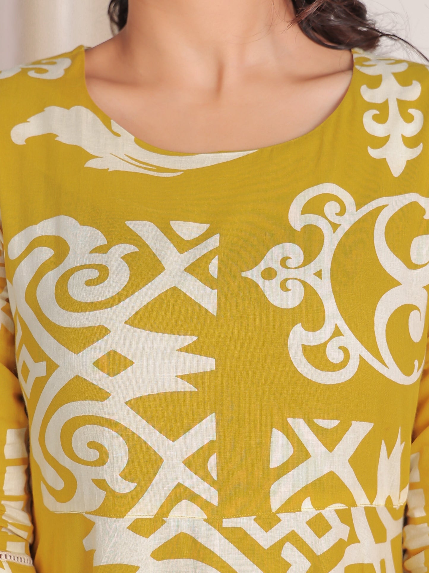 Soft Cotton Geometric Anarkali Yellow Dress