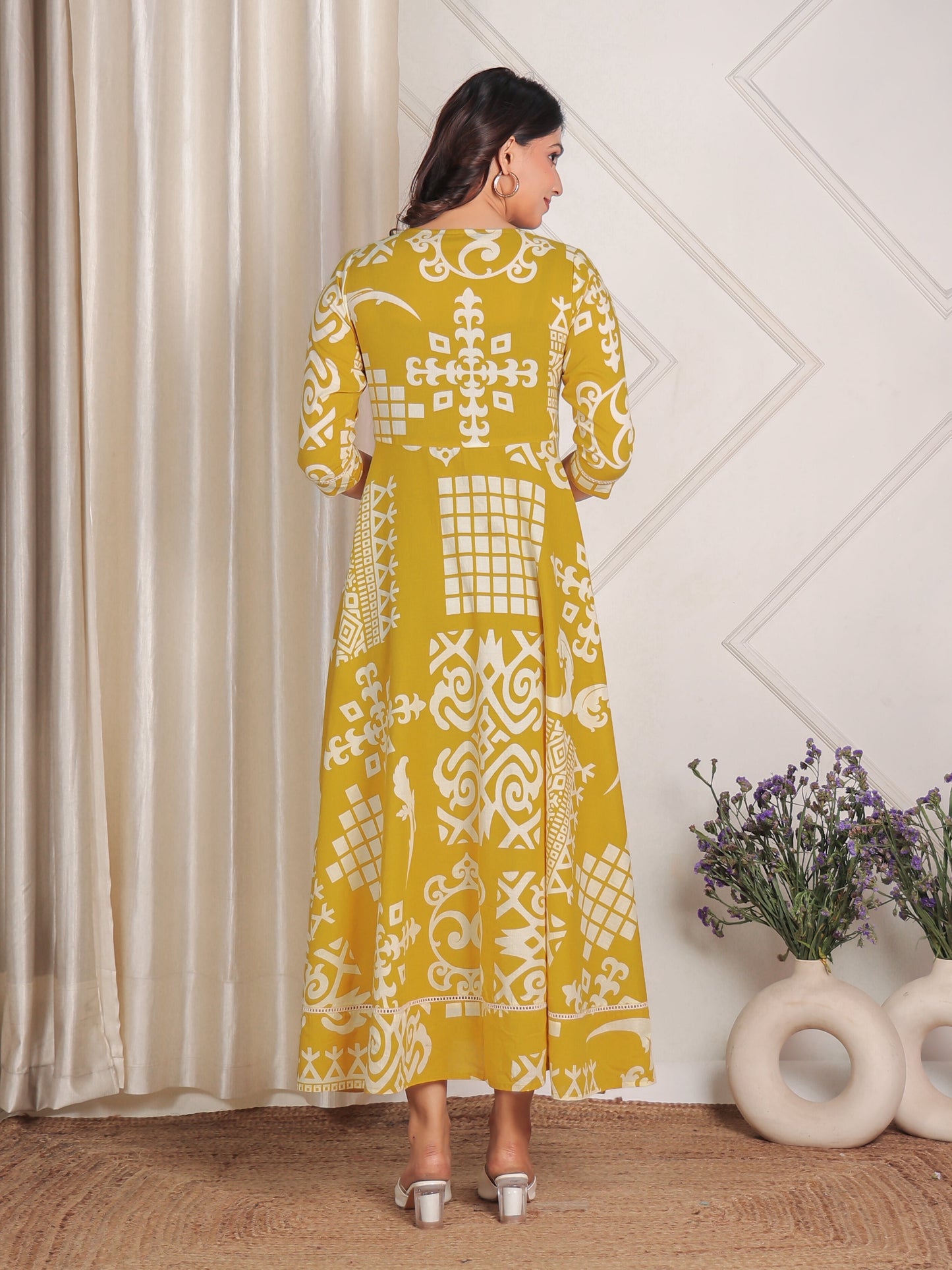 Soft Cotton Geometric Anarkali Yellow Dress