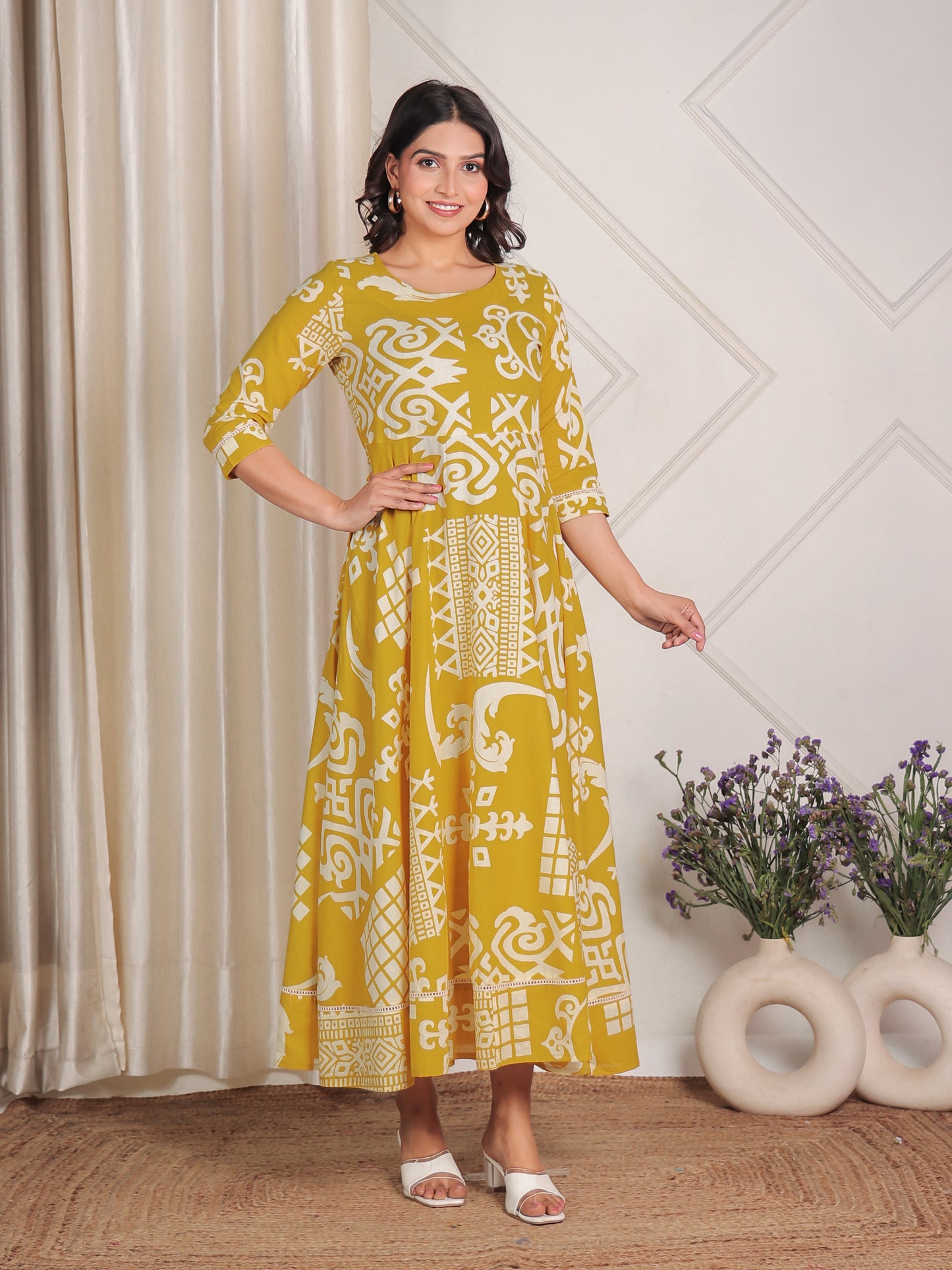 Soft Cotton Geometric Anarkali Yellow Dress