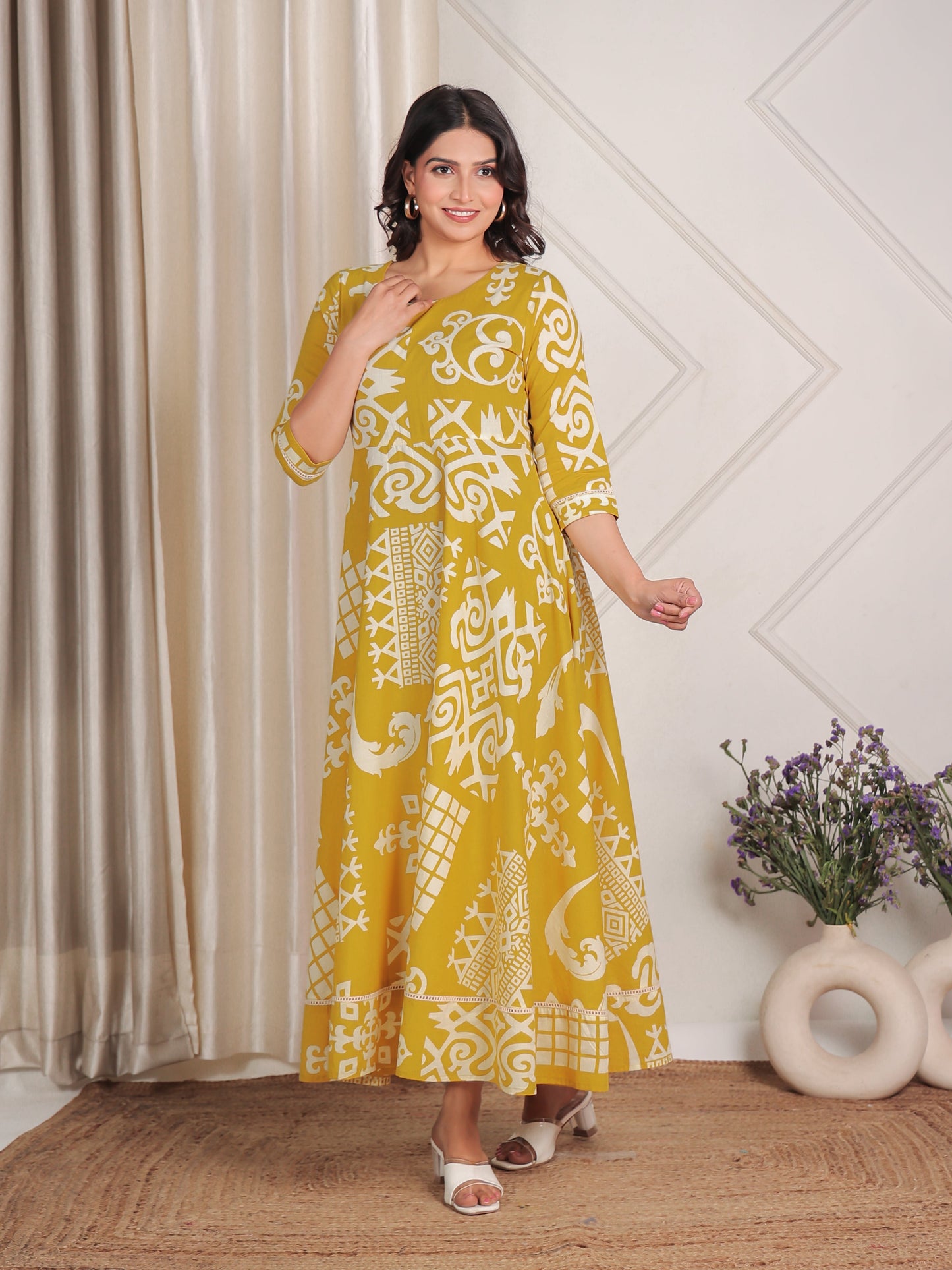 Soft Cotton Geometric Anarkali Yellow Dress