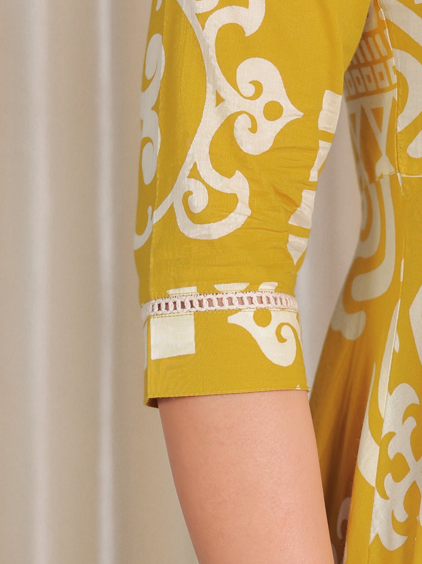 Soft Cotton Geometric Anarkali Yellow Dress