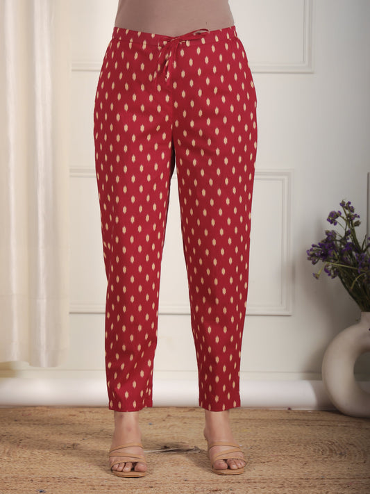 Soft Cotton Ikat Maroon Tapered Trousers