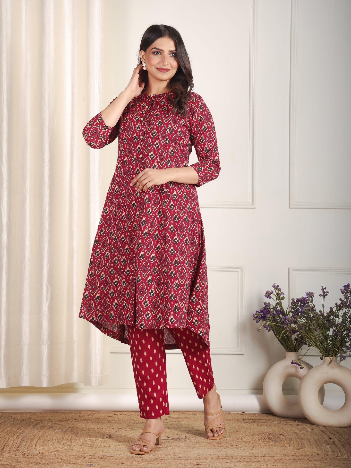 Soft Cotton Ikat High Low Maroon Kurta