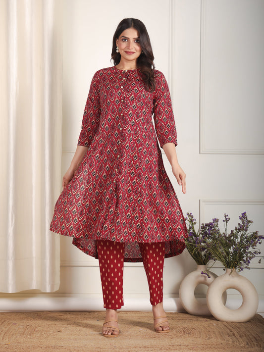 Soft Cotton Ikat High Low Maroon Kurta