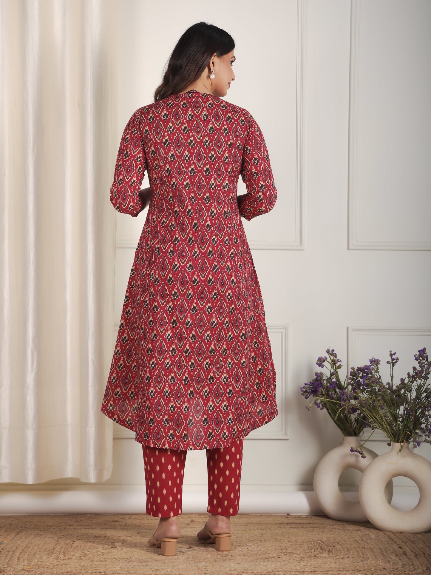 Soft Cotton Ikat High Low Maroon Kurta