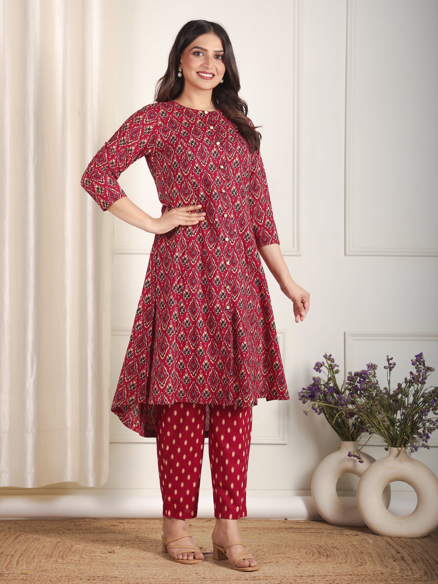 Soft Cotton Ikat High Low Maroon Kurta