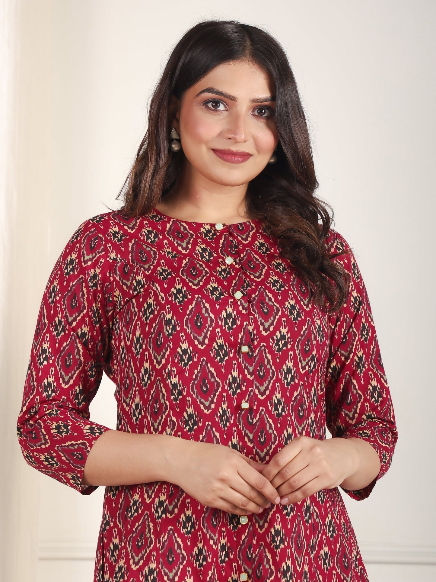Soft Cotton Ikat High Low Maroon Kurta