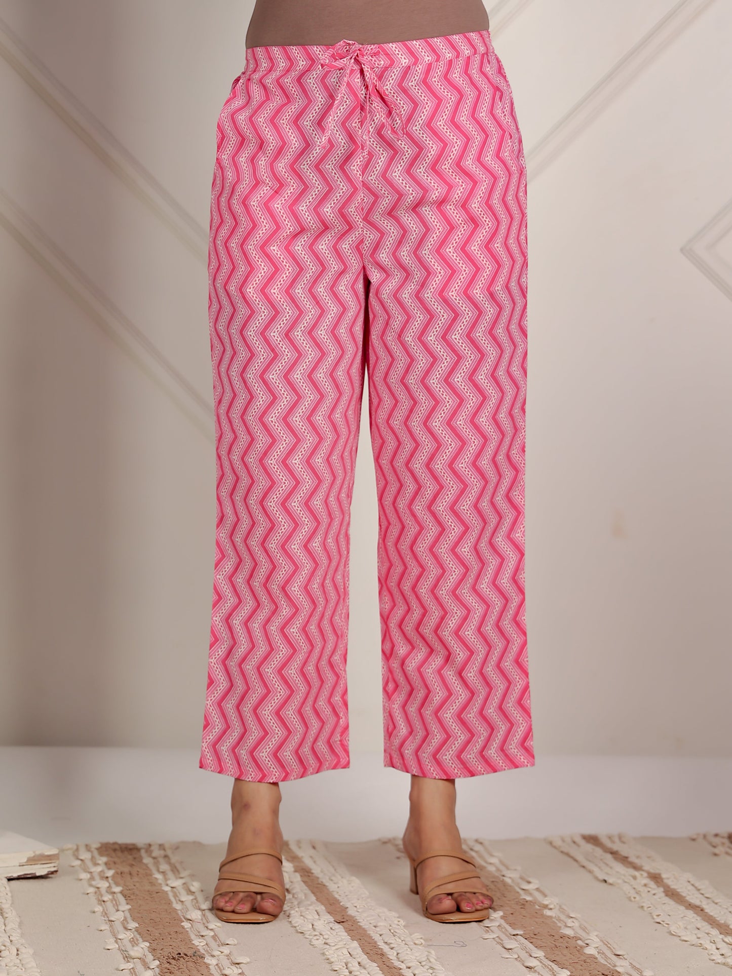 Soft Cotton Striped Pink Straight Trousers