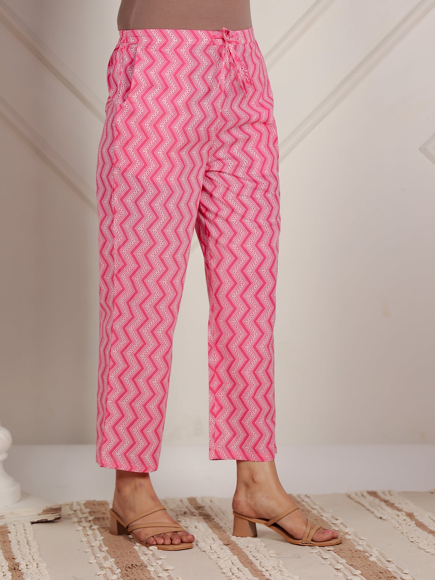 Soft Cotton Striped Pink Straight Trousers