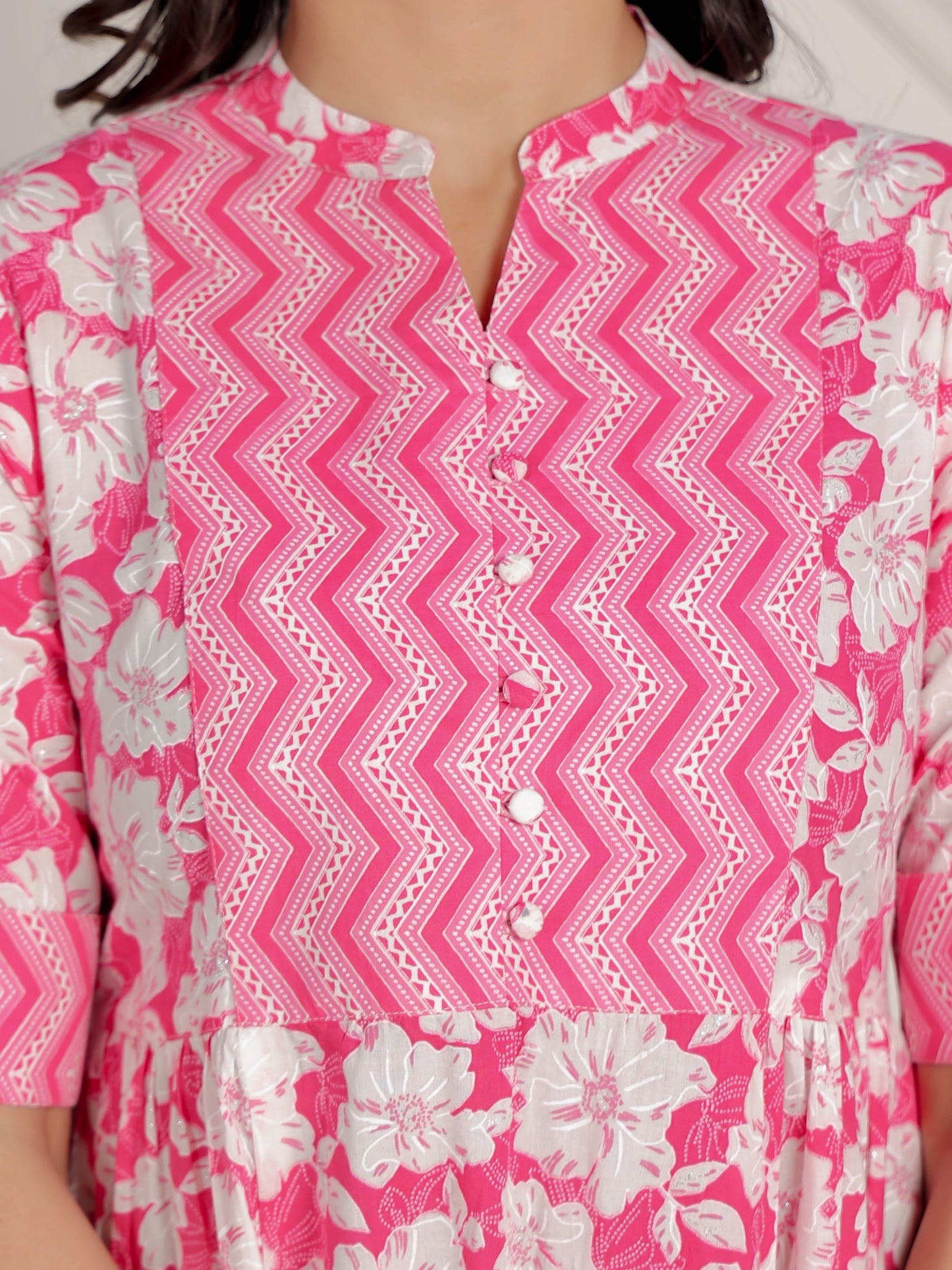 Soft Cotton Floral Panelled Pink Kurta