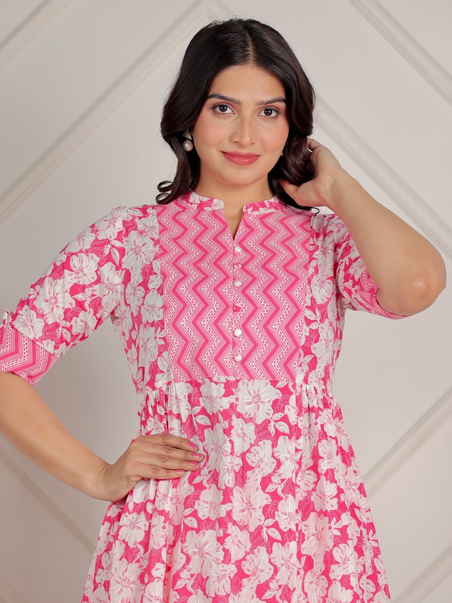 Soft Cotton Floral Panelled Pink Kurta