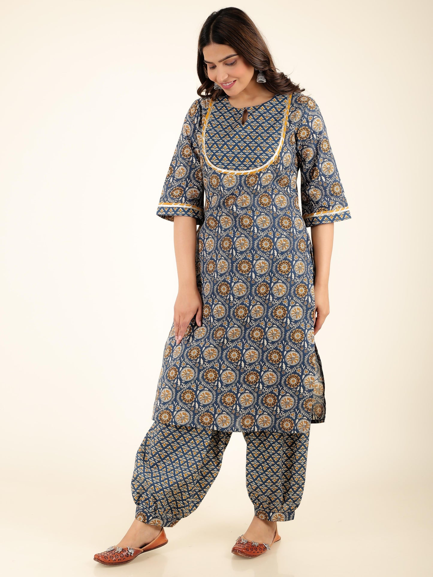 Soft Cotton Geometric Straight Blue Kurta