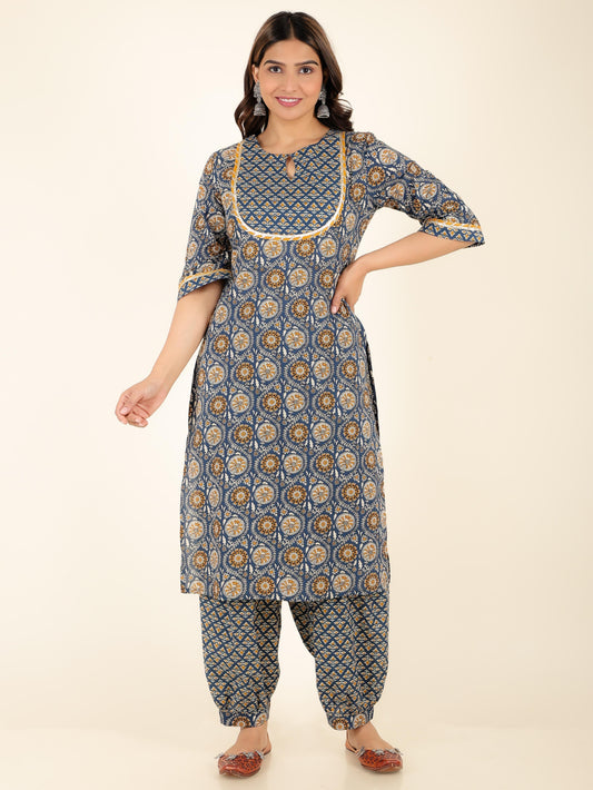 Soft Cotton Geometric Straight Blue Kurta