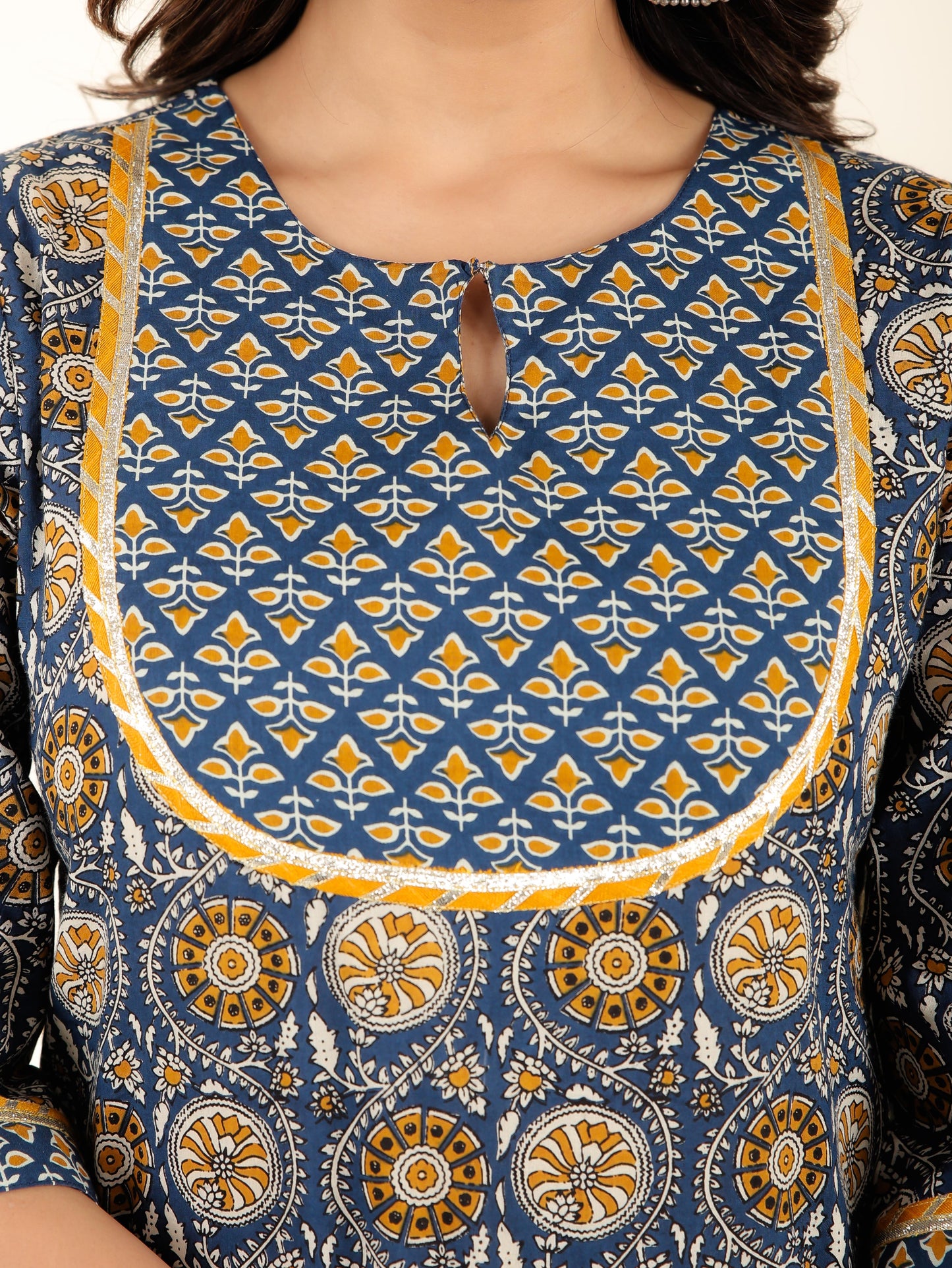 Soft Cotton Geometric Straight Blue Kurta