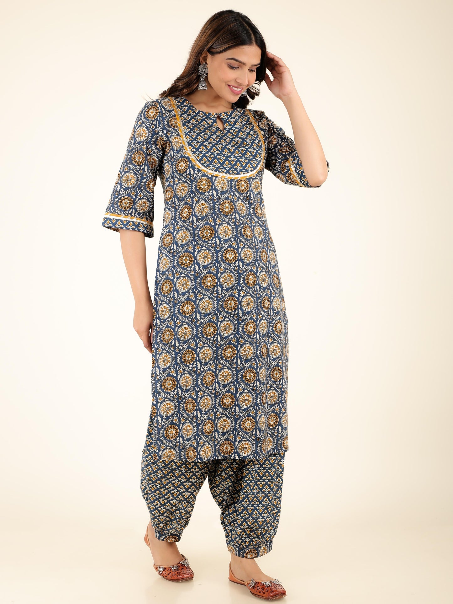 Soft Cotton Geometric Straight Blue Kurta