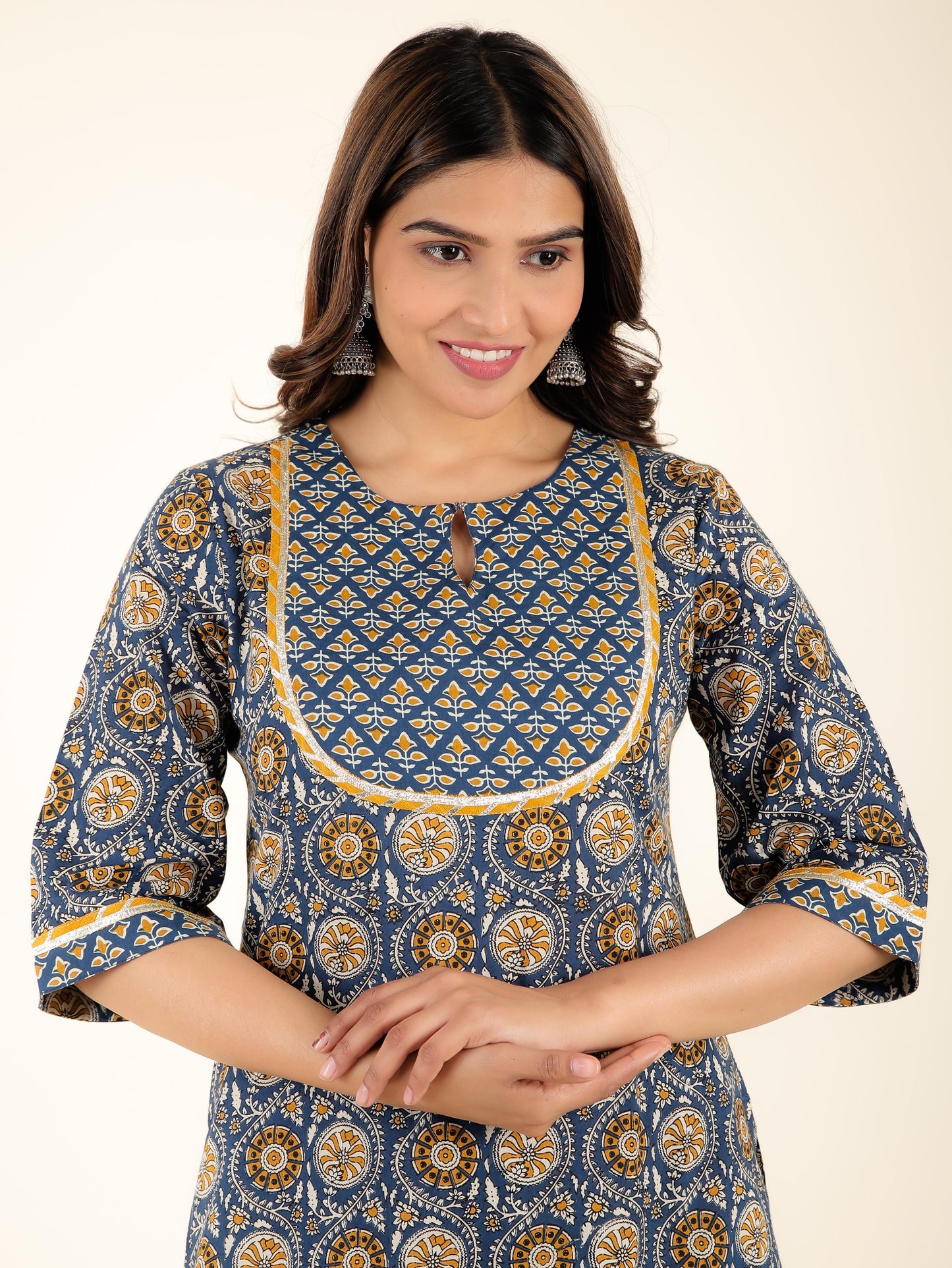 Soft Cotton Geometric Straight Blue Kurta
