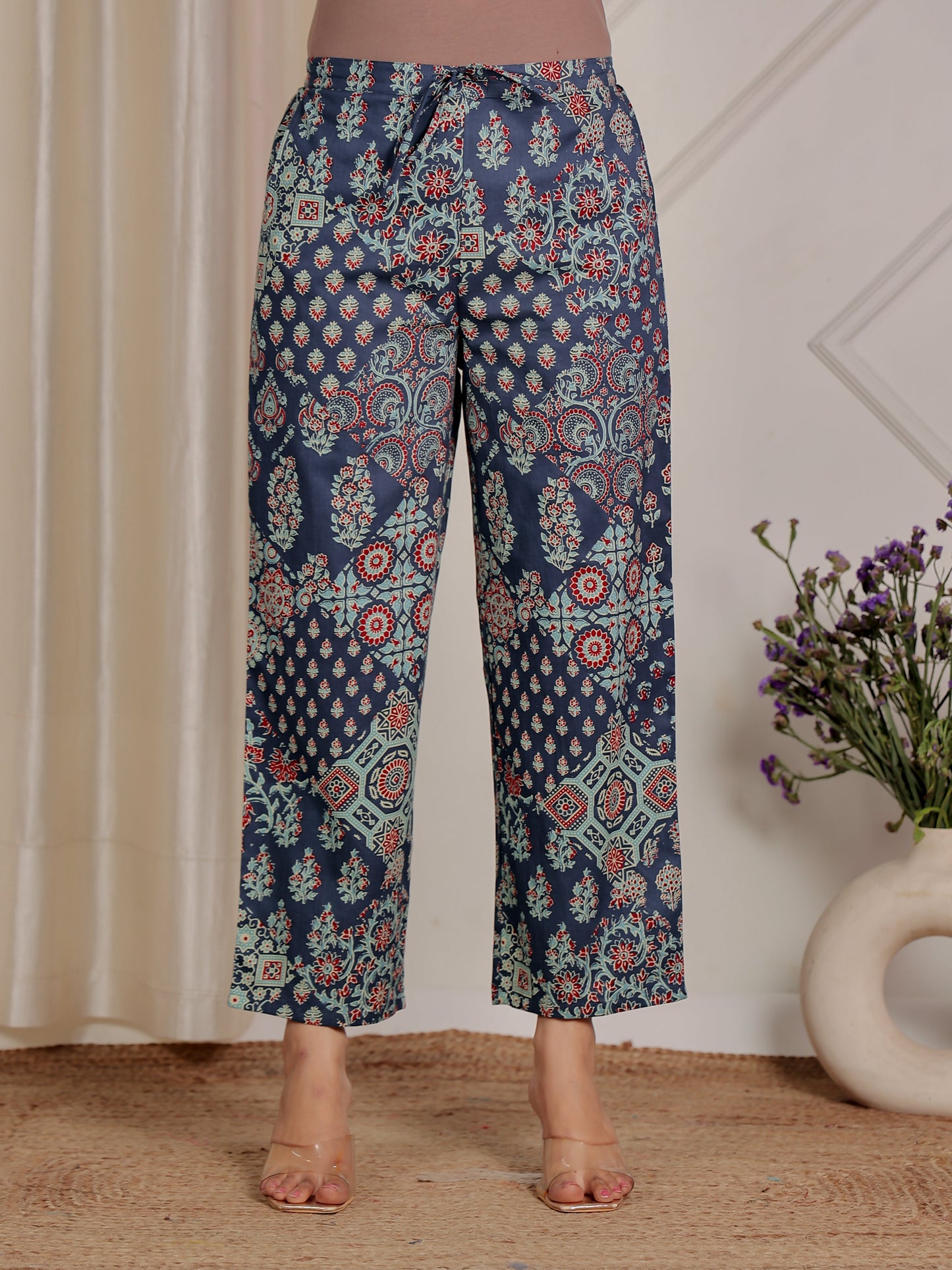 Soft Cotton Geometric Blue Straight Trousers