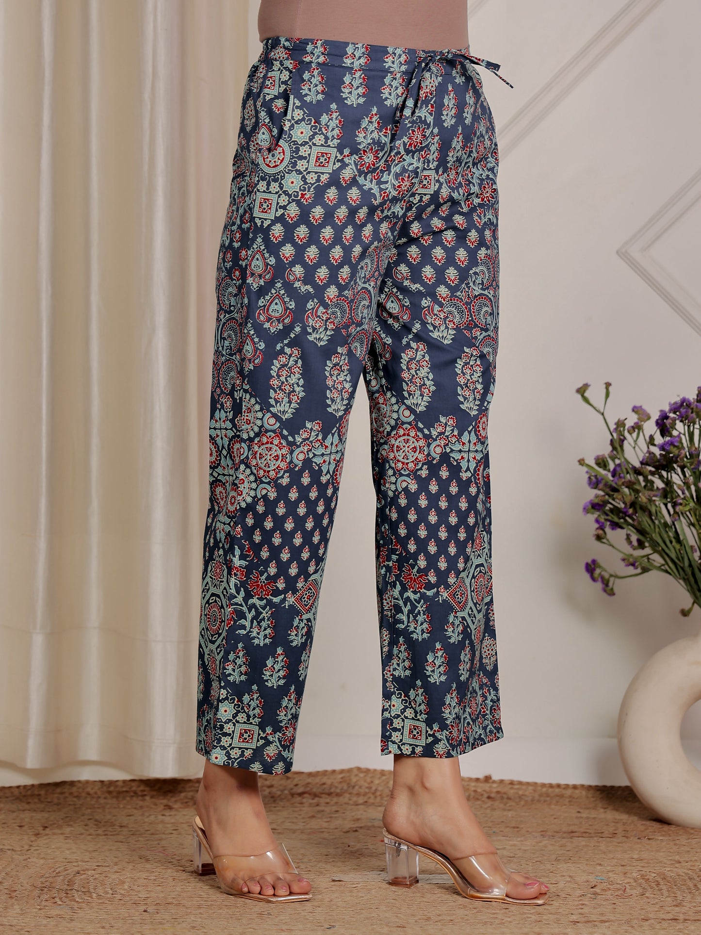 Soft Cotton Geometric Blue Straight Trousers