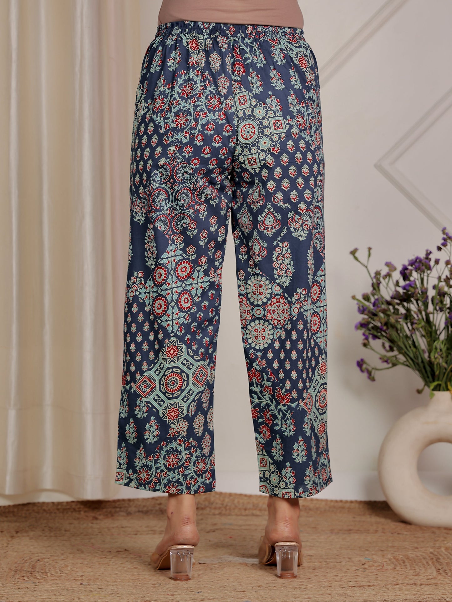 Soft Cotton Geometric Blue Straight Trousers