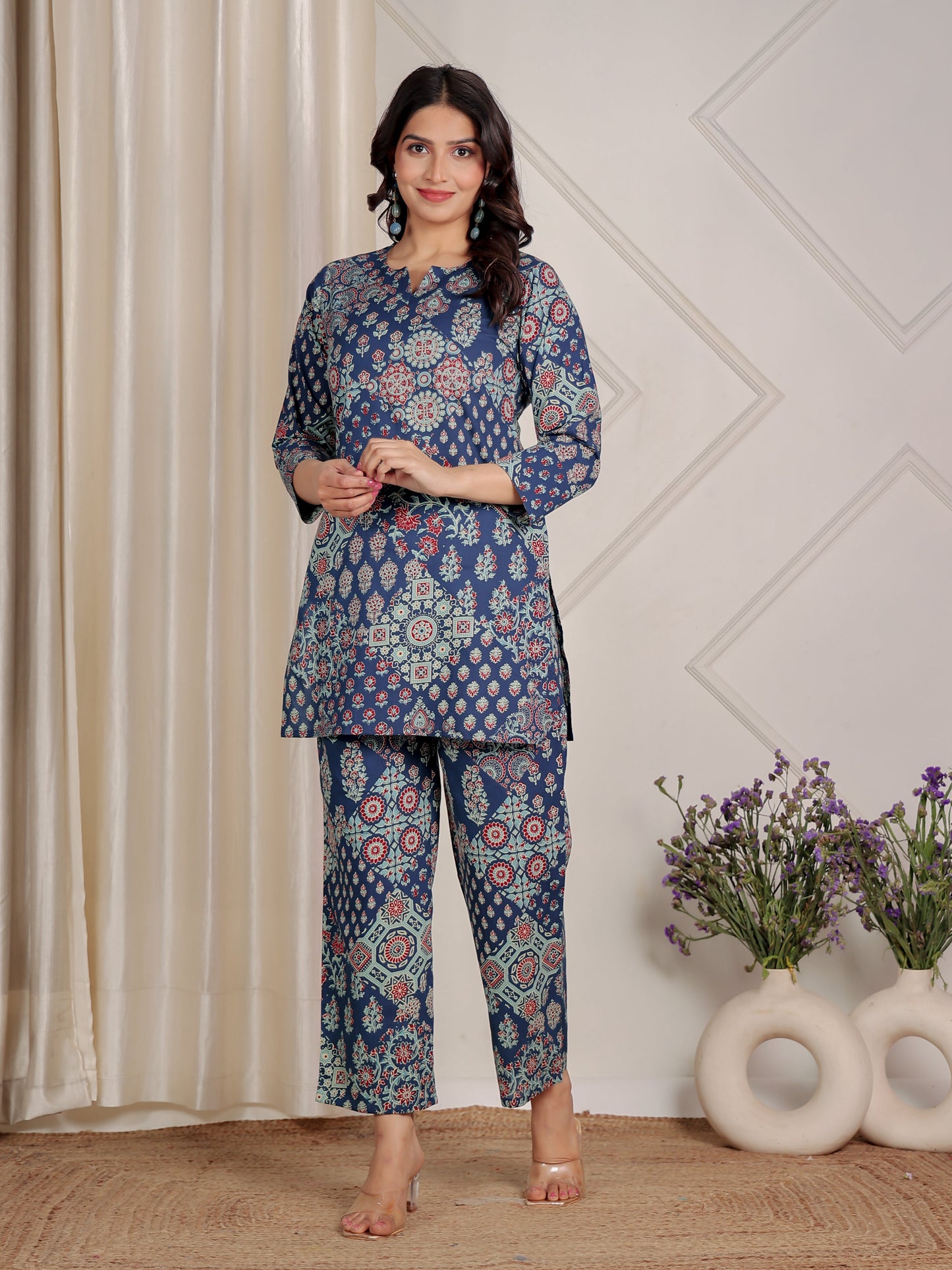 Soft Cotton Block Print Straight Blue Kurta