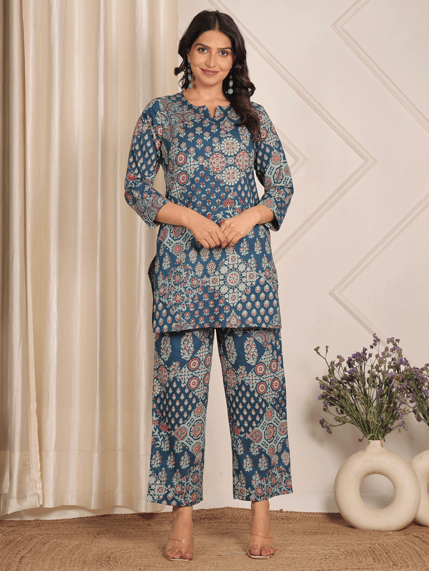 Soft Cotton Block Print Straight Blue Kurta