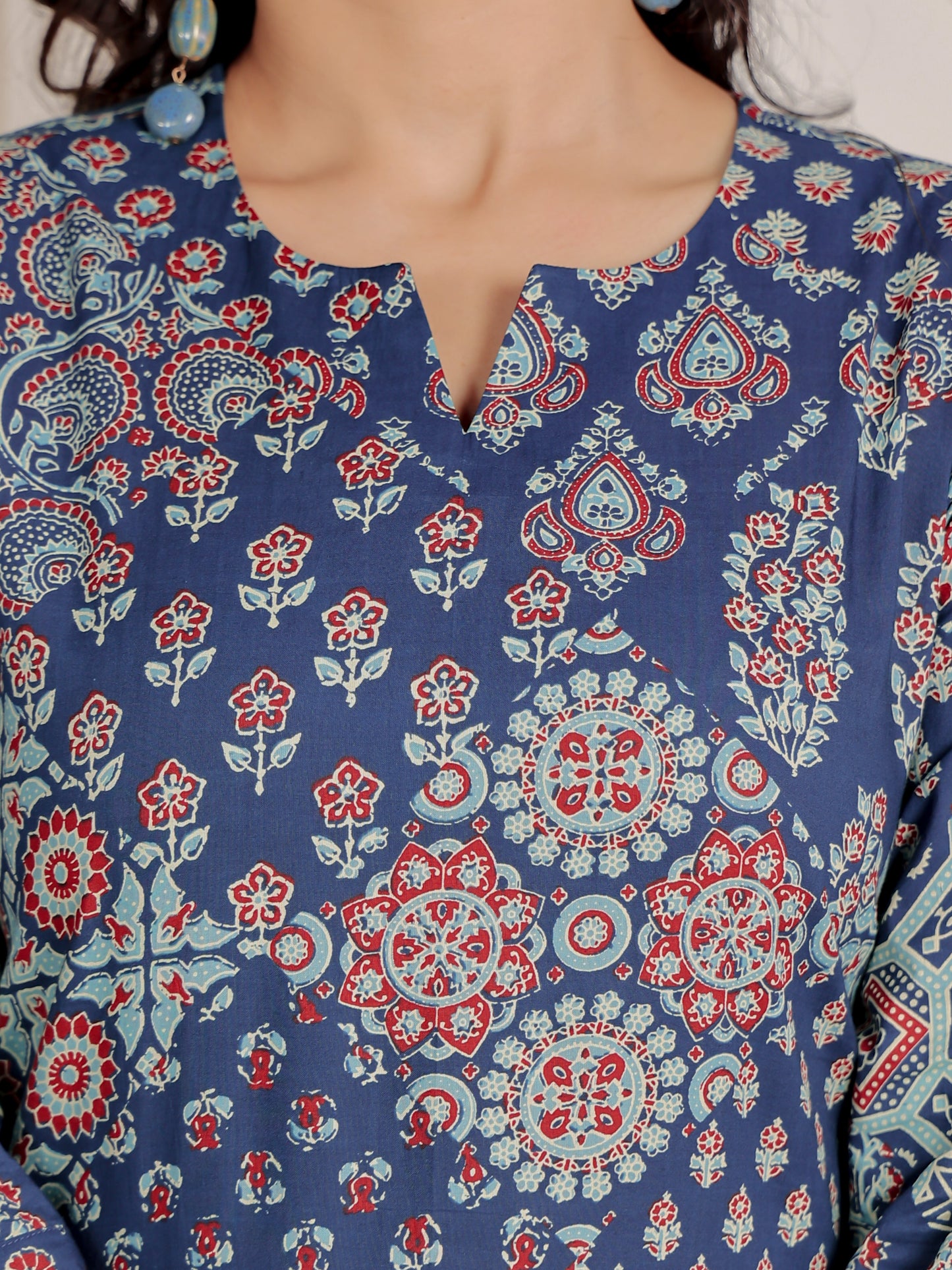 Soft Cotton Block Print Straight Blue Kurta