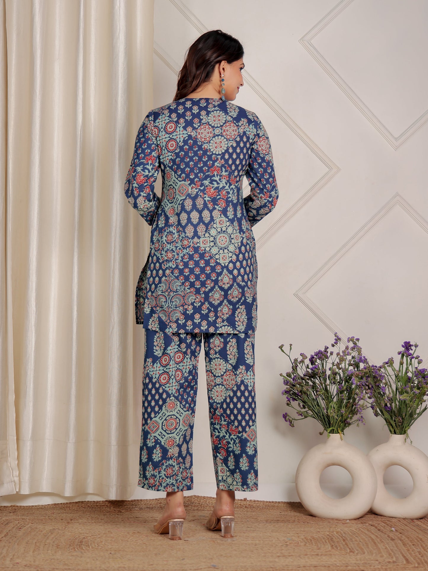 Soft Cotton Block Print Straight Blue Kurta