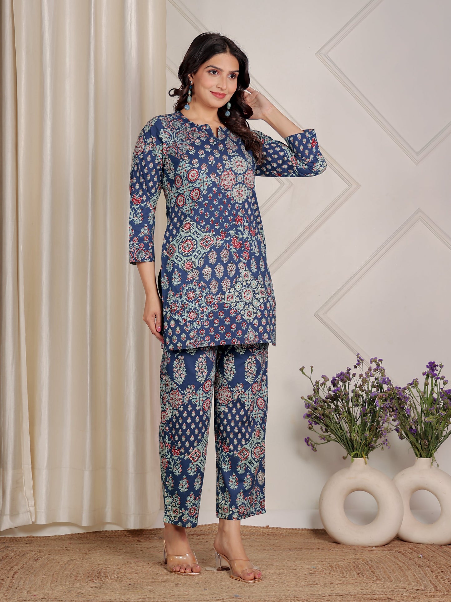 Soft Cotton Block Print Straight Blue Kurta