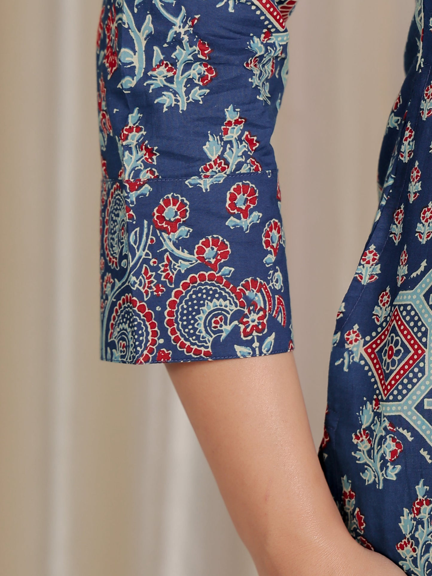 Soft Cotton Block Print Straight Blue Kurta
