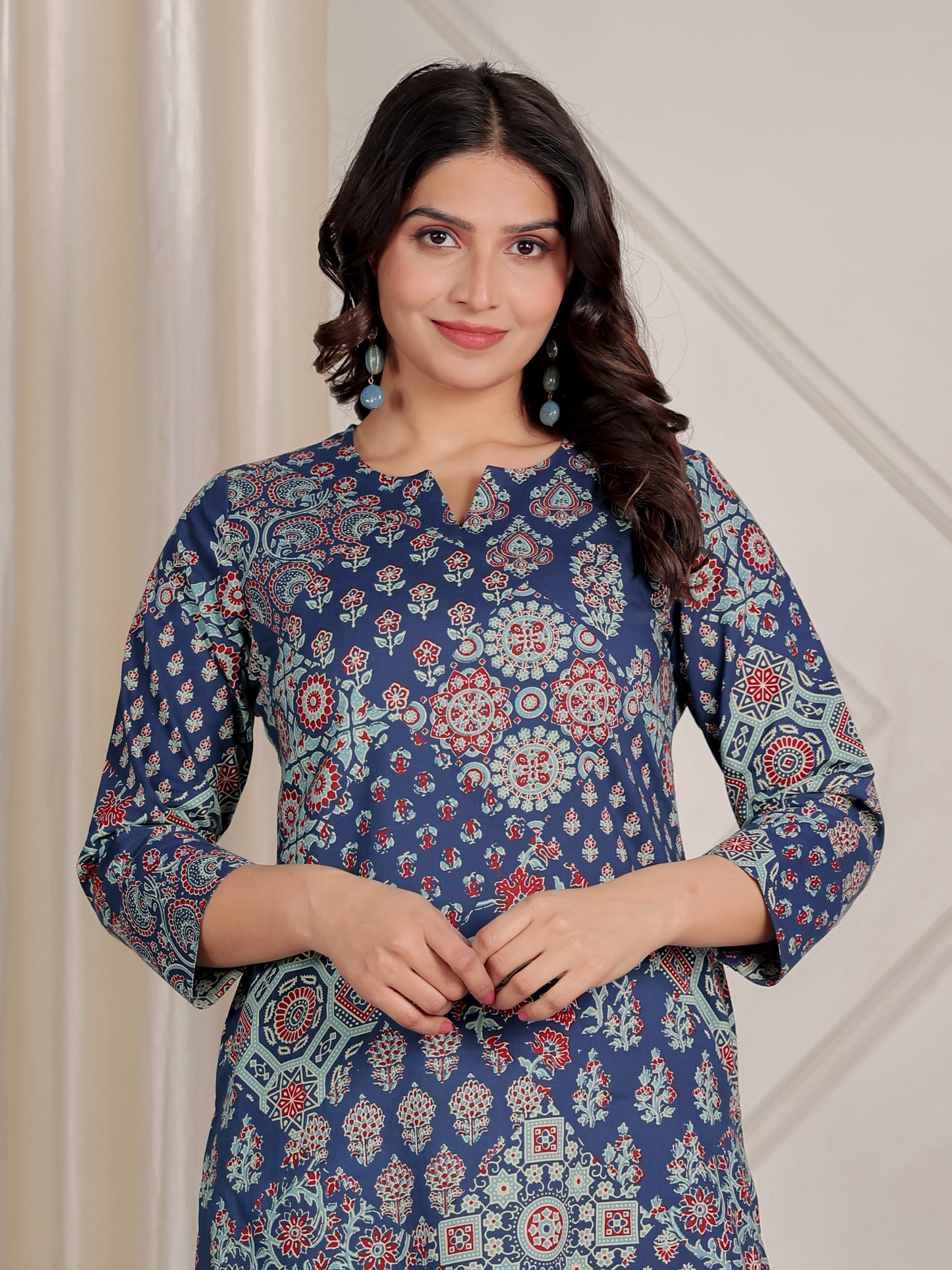 Soft Cotton Block Print Straight Blue Kurta