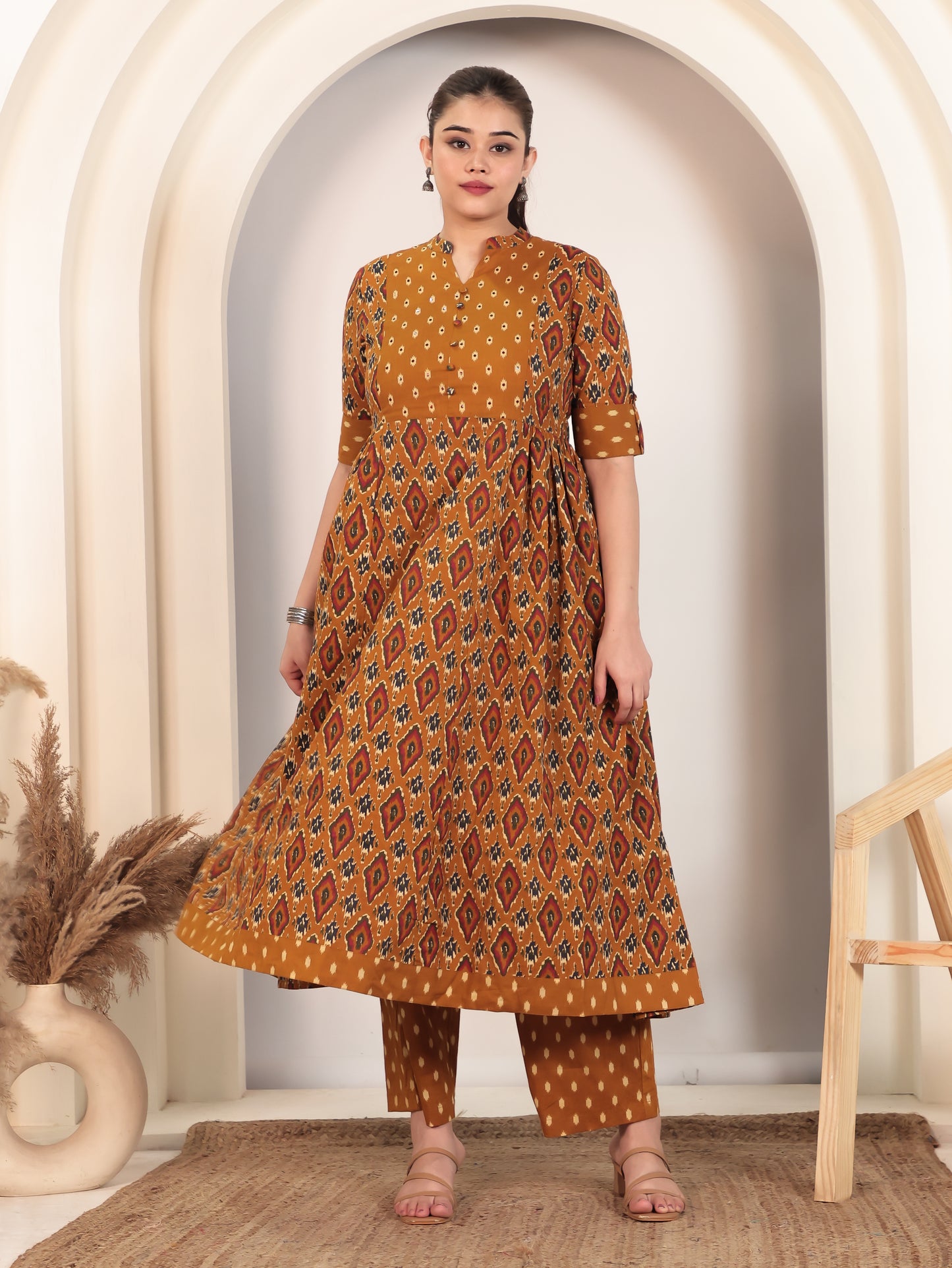 Embroidered Soft Cotton Ikat Flared Yellow Kurta