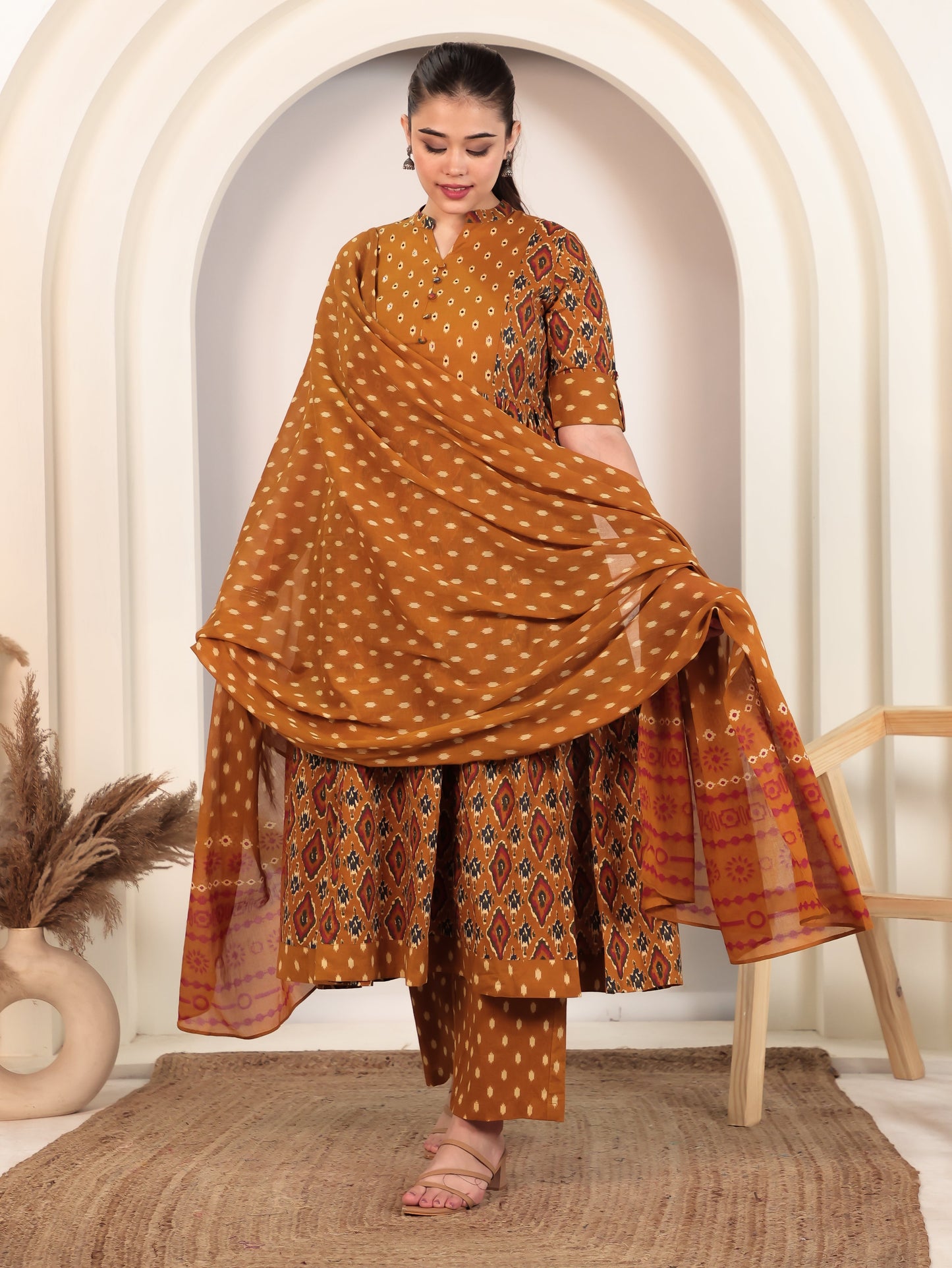Embroidered Soft Cotton Ikat Flared Yellow Kurta