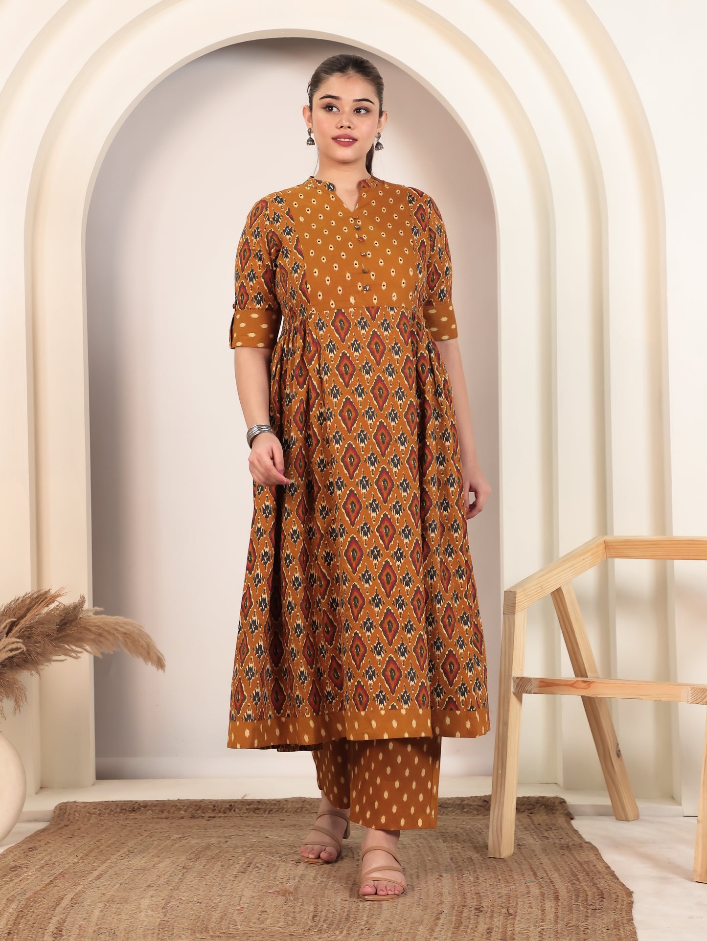 Embroidered Soft Cotton Ikat Flared Yellow Kurta