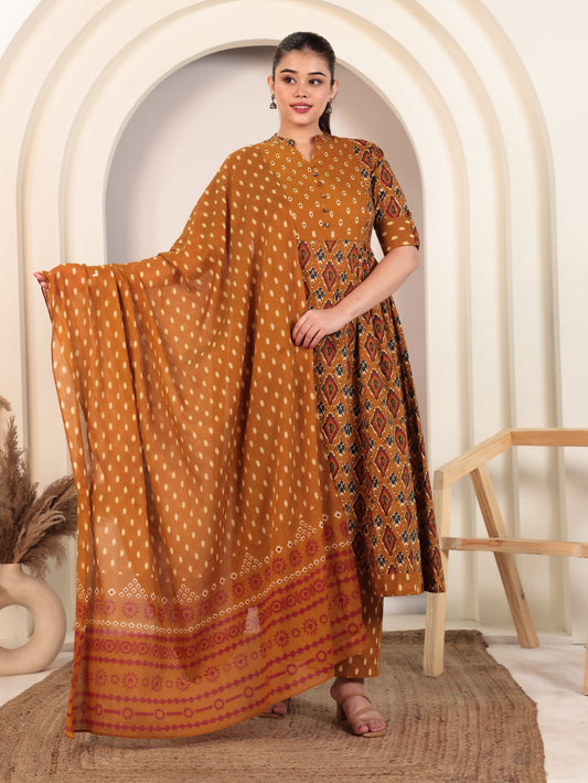 Embroidered Soft Cotton Ikat Flared Yellow Kurta