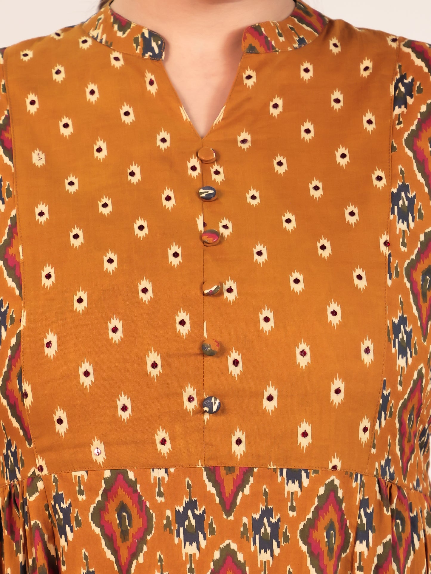 Embroidered Soft Cotton Ikat Flared Yellow Kurta