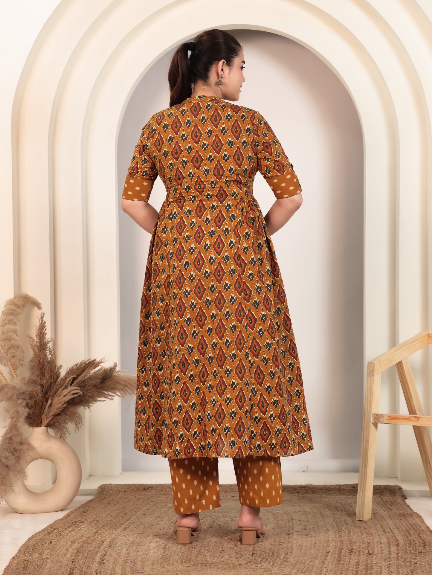 Embroidered Soft Cotton Ikat Flared Yellow Kurta
