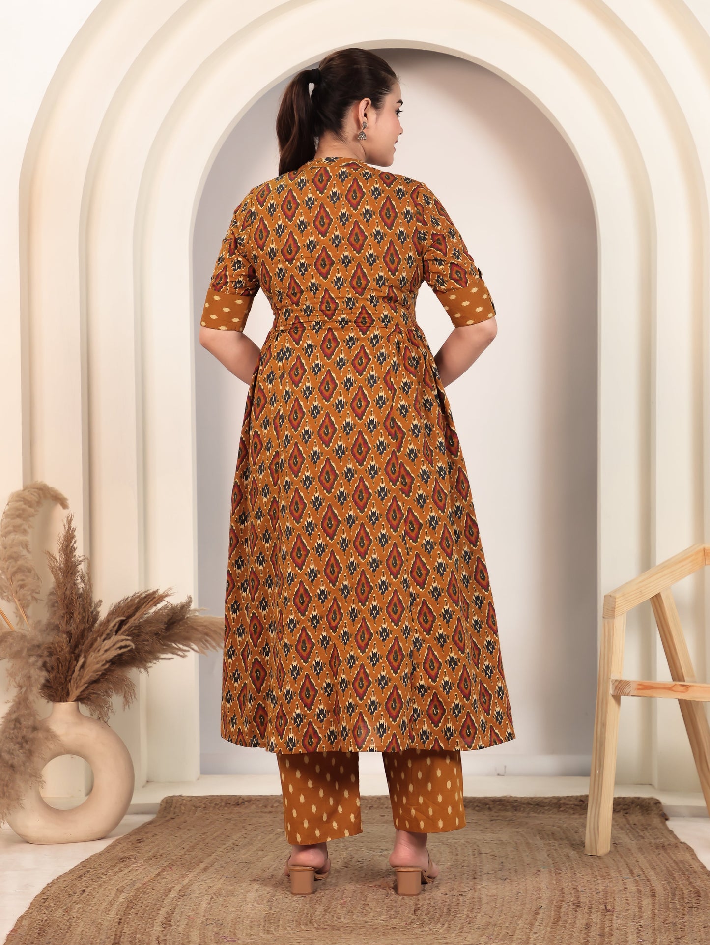 Embroidered Soft Cotton Ikat Flared Yellow Kurta
