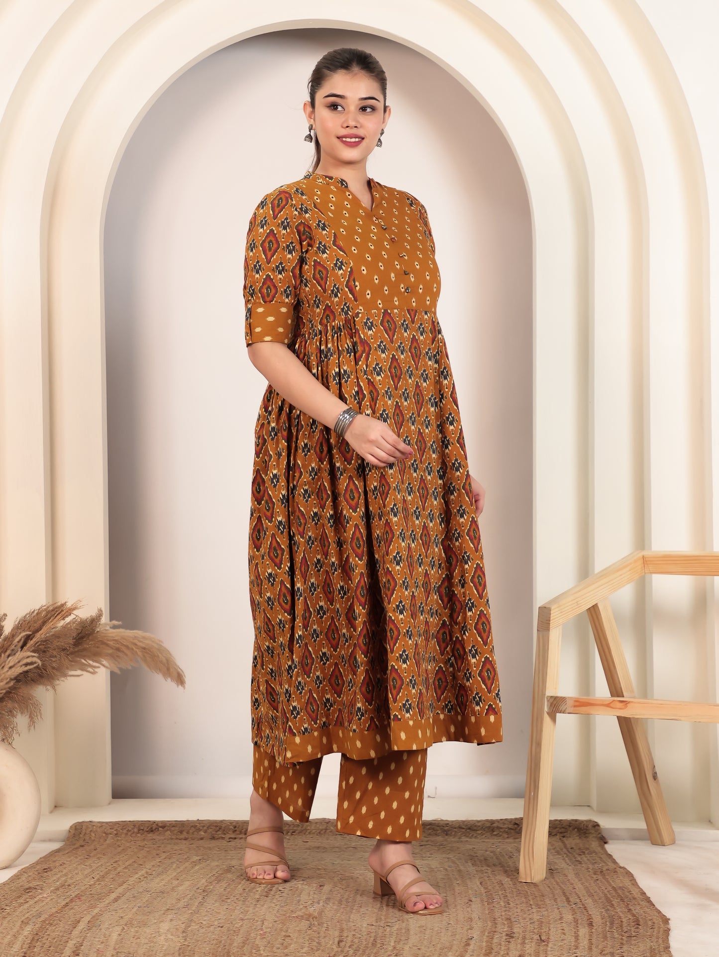 Embroidered Soft Cotton Ikat Flared Yellow Kurta