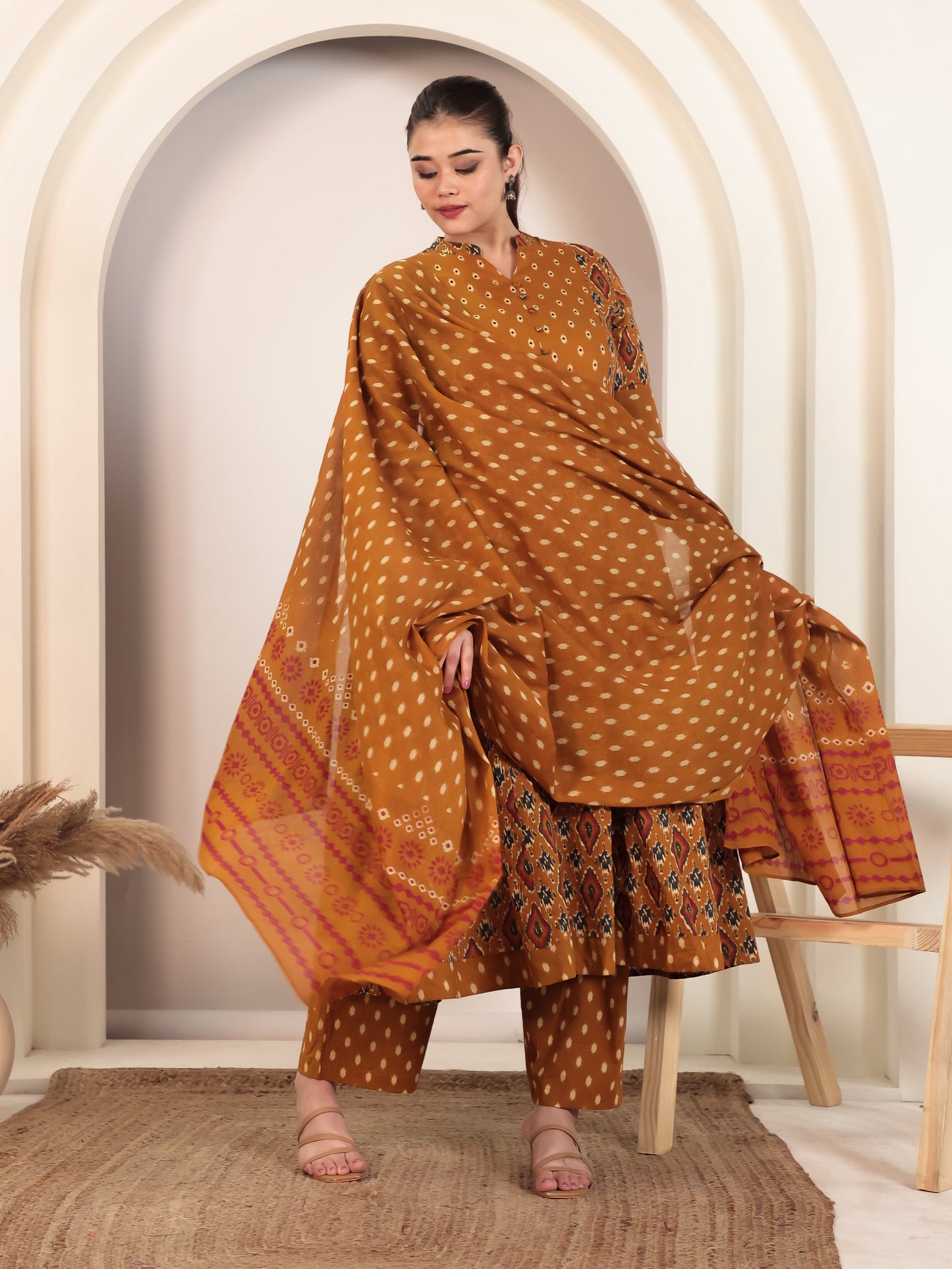 Embroidered Soft Cotton Ikat Flared Yellow Kurta