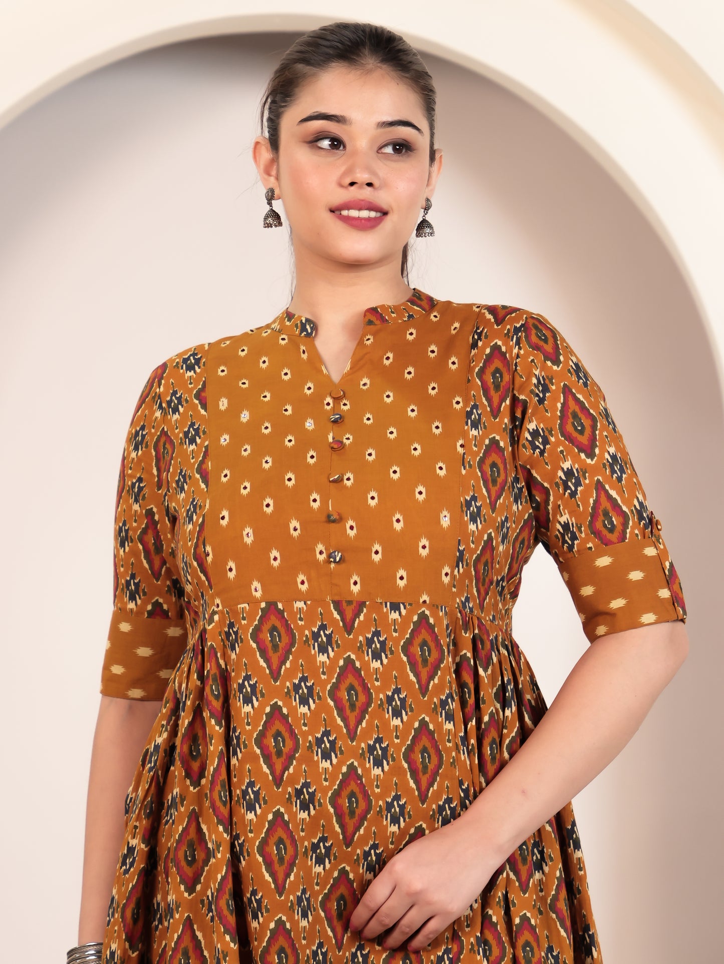 Embroidered Soft Cotton Ikat Flared Yellow Kurta