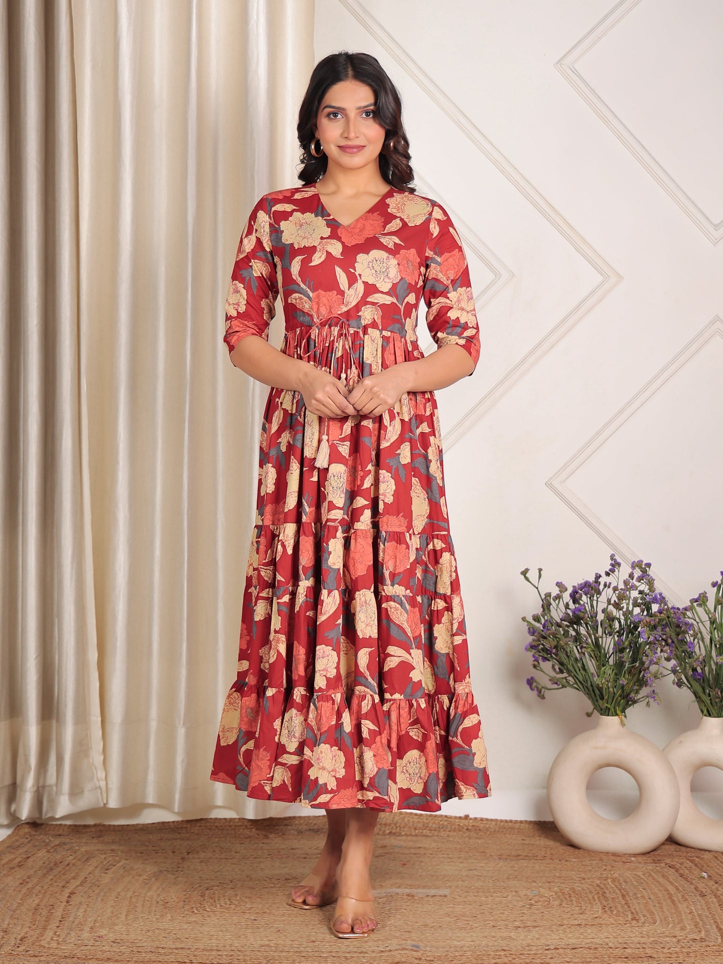 Soft Cotton Floral Anarkali Maroon Dress