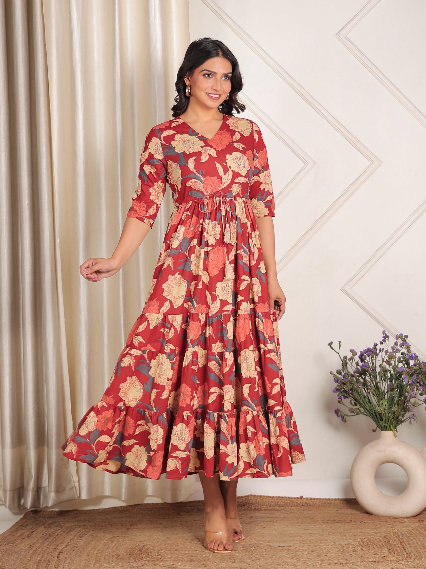 Soft Cotton Floral Anarkali Maroon Dress
