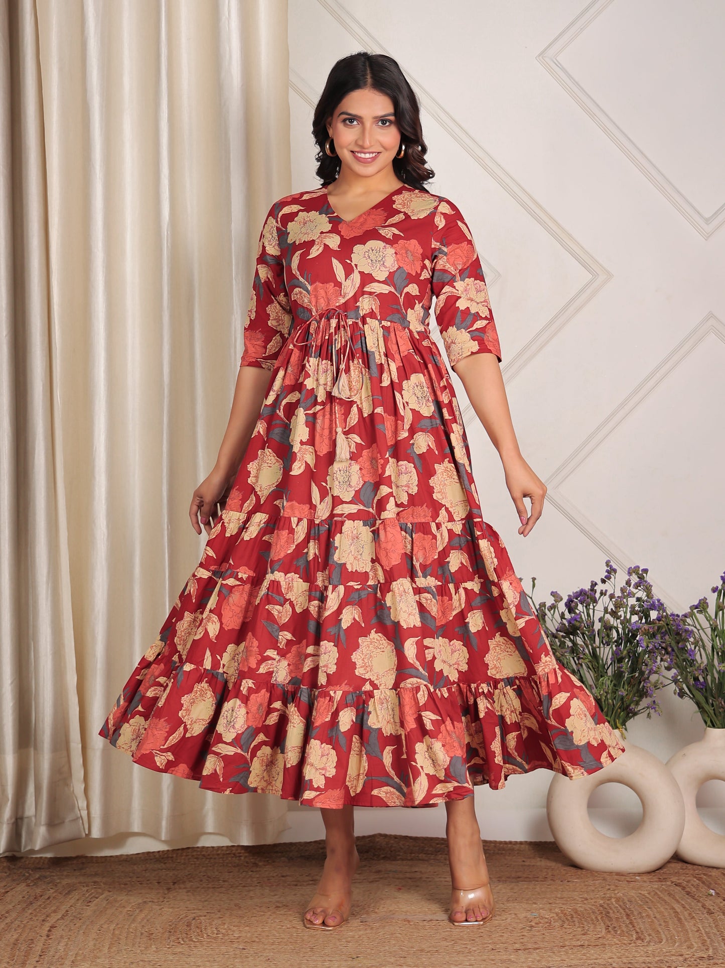 Soft Cotton Floral Anarkali Maroon Dress